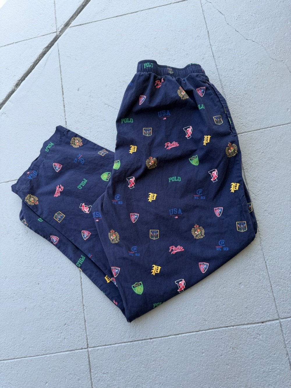 Polo by Ralph Lauren Navy Jogger Pants with Multi-Color Crest Prints